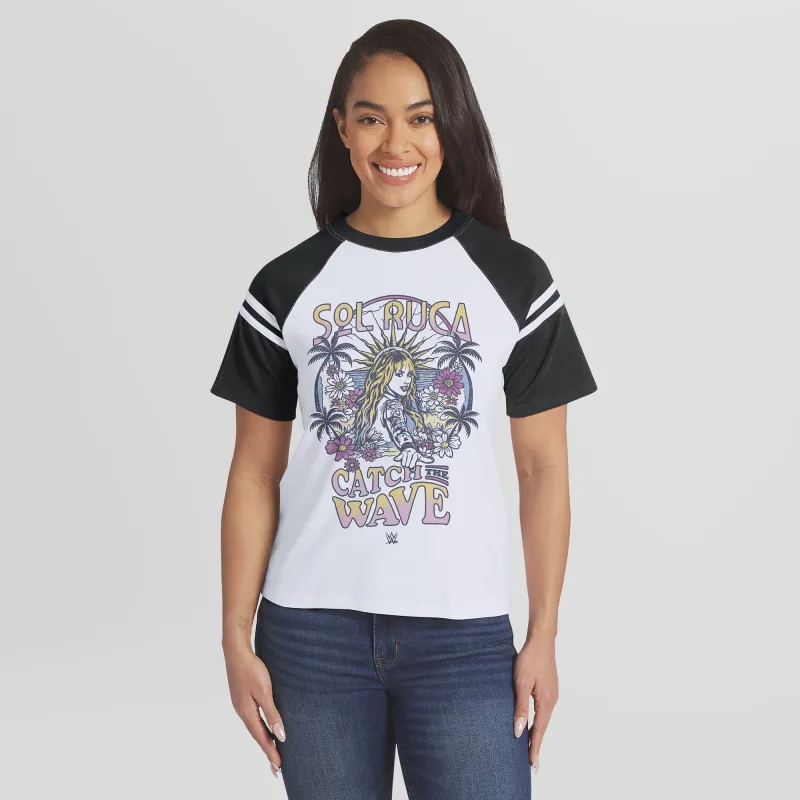 Women's WEAR by Erin Andrews White Sol Ruca Ride The Wave Raglan Stripe T-Shirt made by WWE