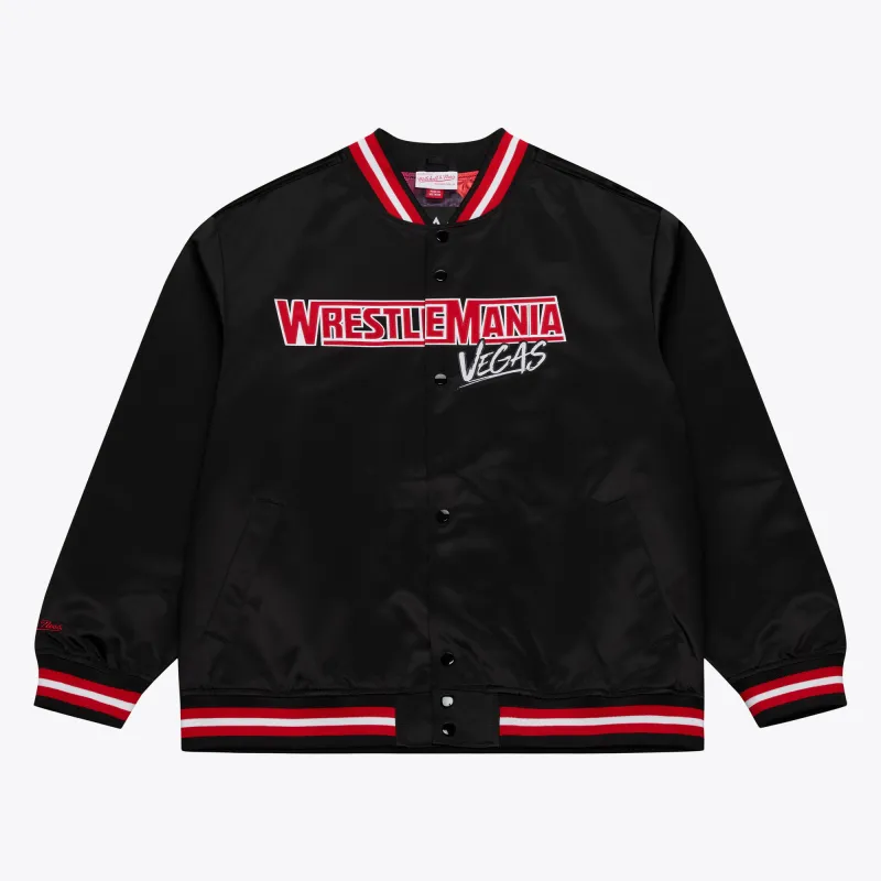 Men's Mitchell & Ness Black WrestleMania 42 Lightweight Satin Full-Snap Jacket made by Mitchell & Ness