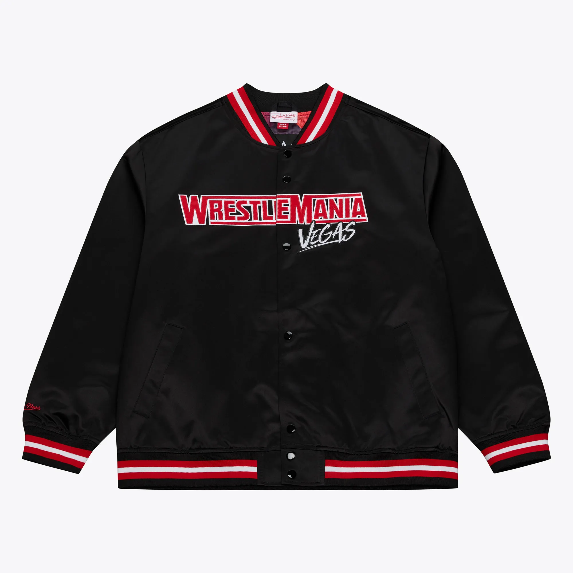 Men's Mitchell & Ness Black WrestleMania 42 Lightweight Satin Full-Snap Jacket sold by WWE