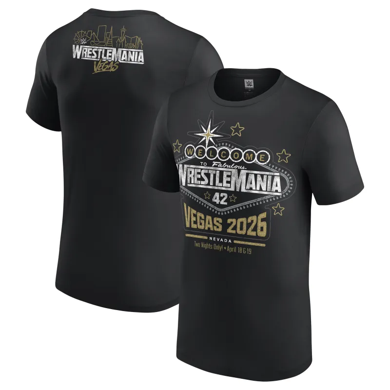 Men's Black WrestleMania 42 Golden Welcome Sign T-Shirt made by WWE