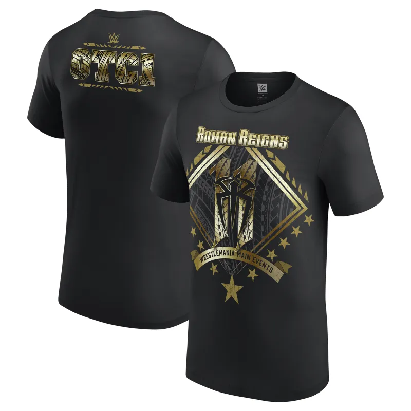 Men's Black Roman Reigns 11 WrestleMania Main Events T-Shirt made by WWE