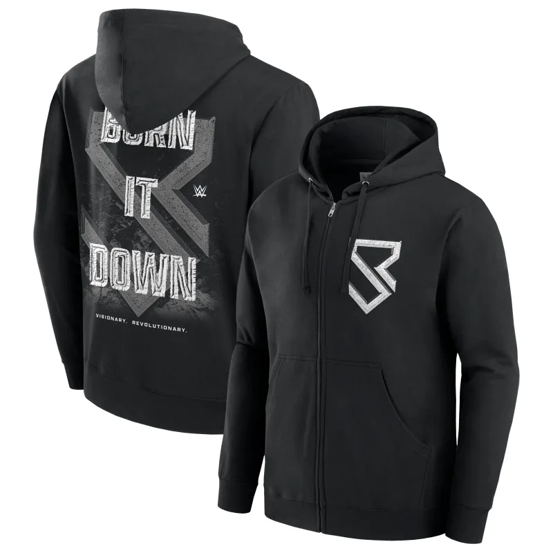 Men's Black Seth Rollins Burn It Down Full-Zip Hoodie made by WWE