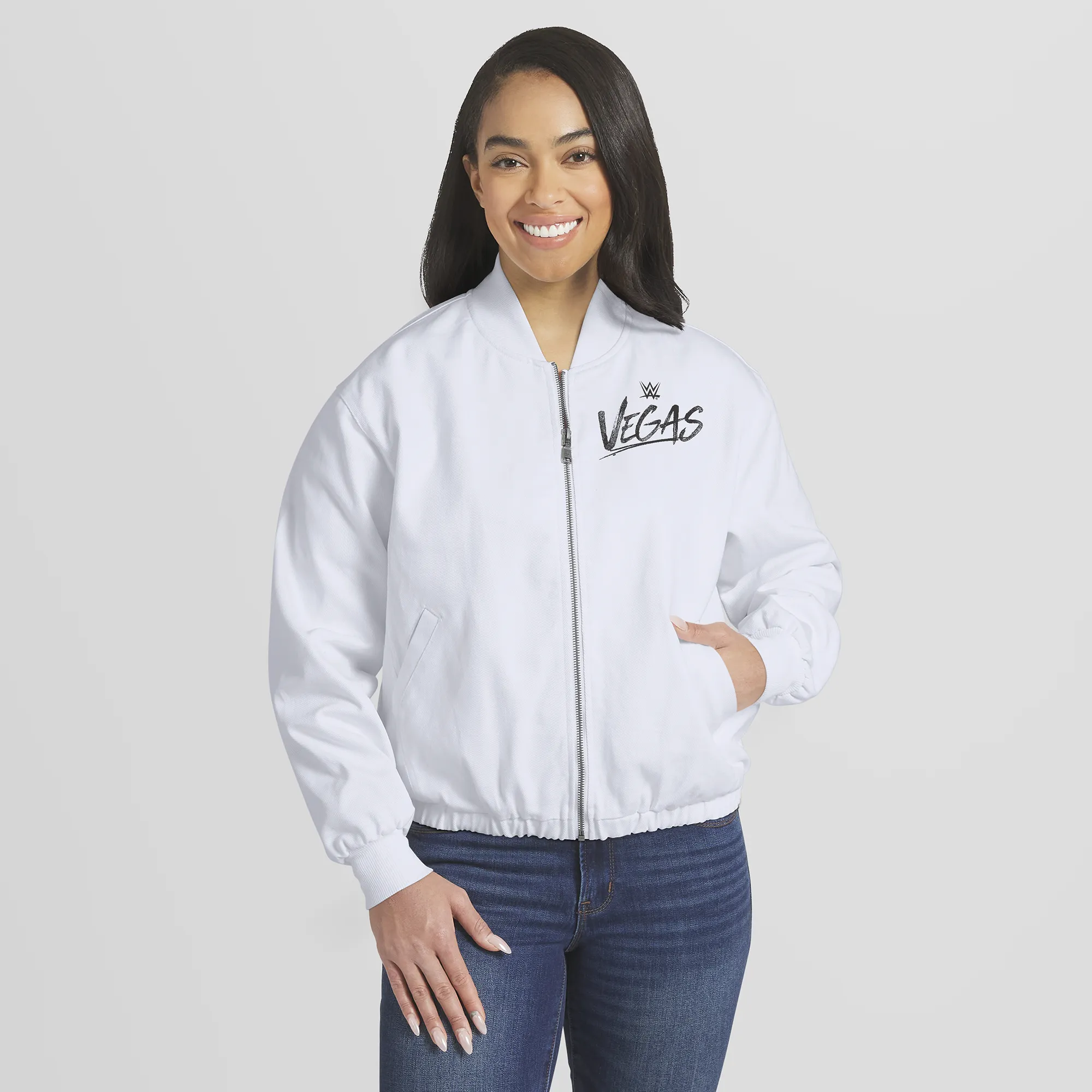 Women's WEAR by Erin Andrews White WrestleMania 42 Denim Full-Zip Bomber Jacket sold by WWE