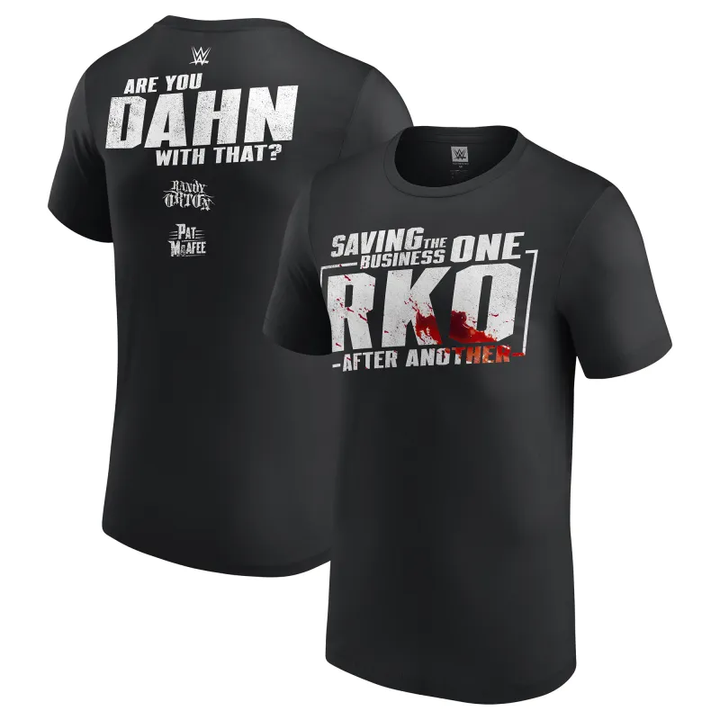 Men's Black Randy Orton & Pat McAfee Saving The Business T-Shirt made by WWE