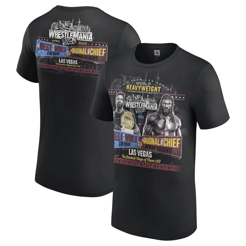 Men's Black WrestleMania 42 CM Punk vs. Roman Reigns T-Shirt made by WWE