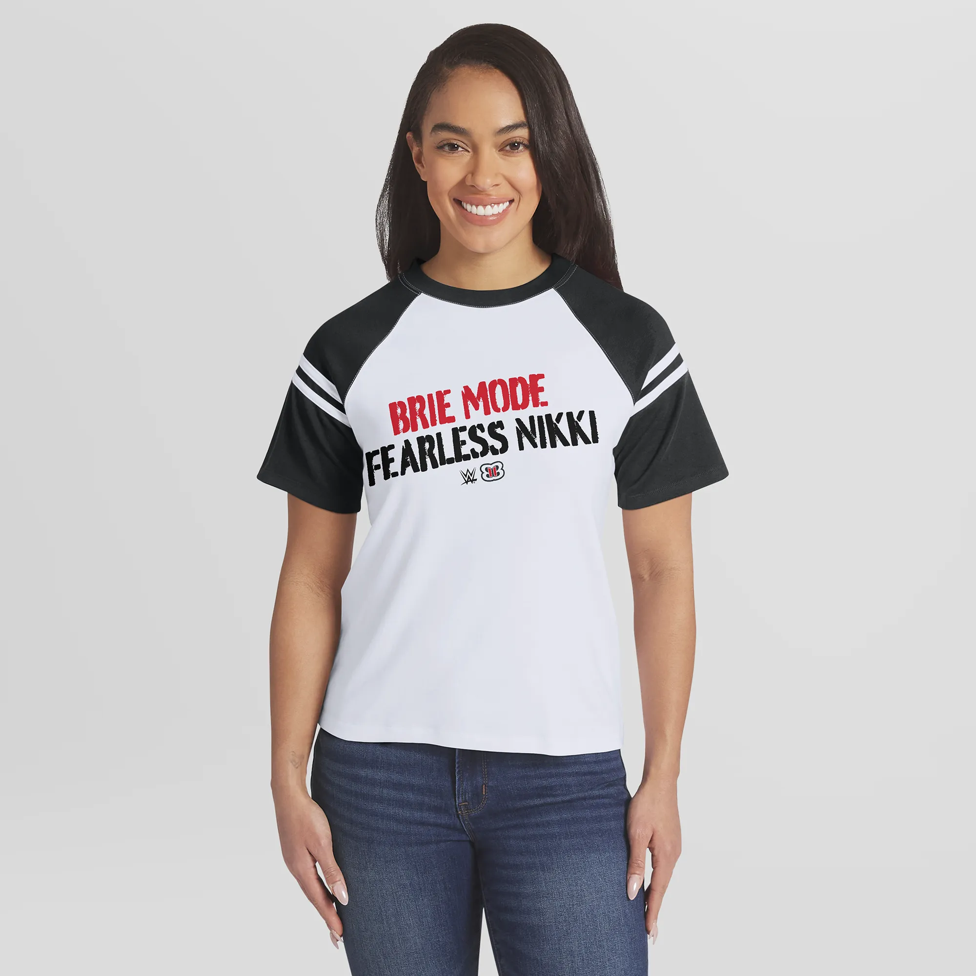 Women's WEAR by Erin Andrews White The Bella Twins Striped Raglan T-Shirt sold by WWE