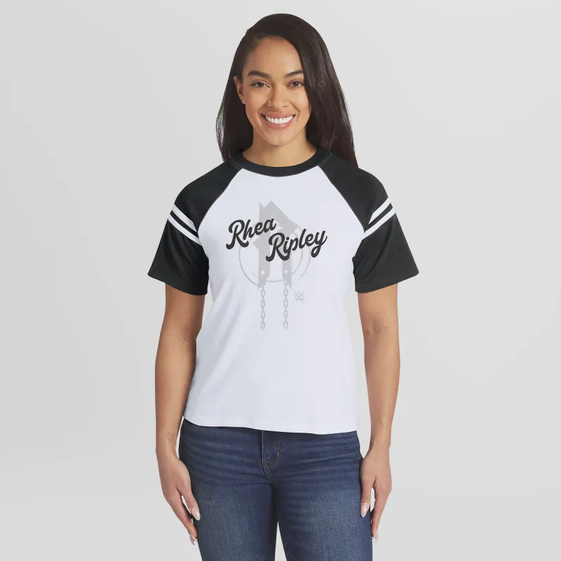 Women's WEAR by Erin Andrews White Rhea Ripley Striped Raglan T-Shirt made by WWE