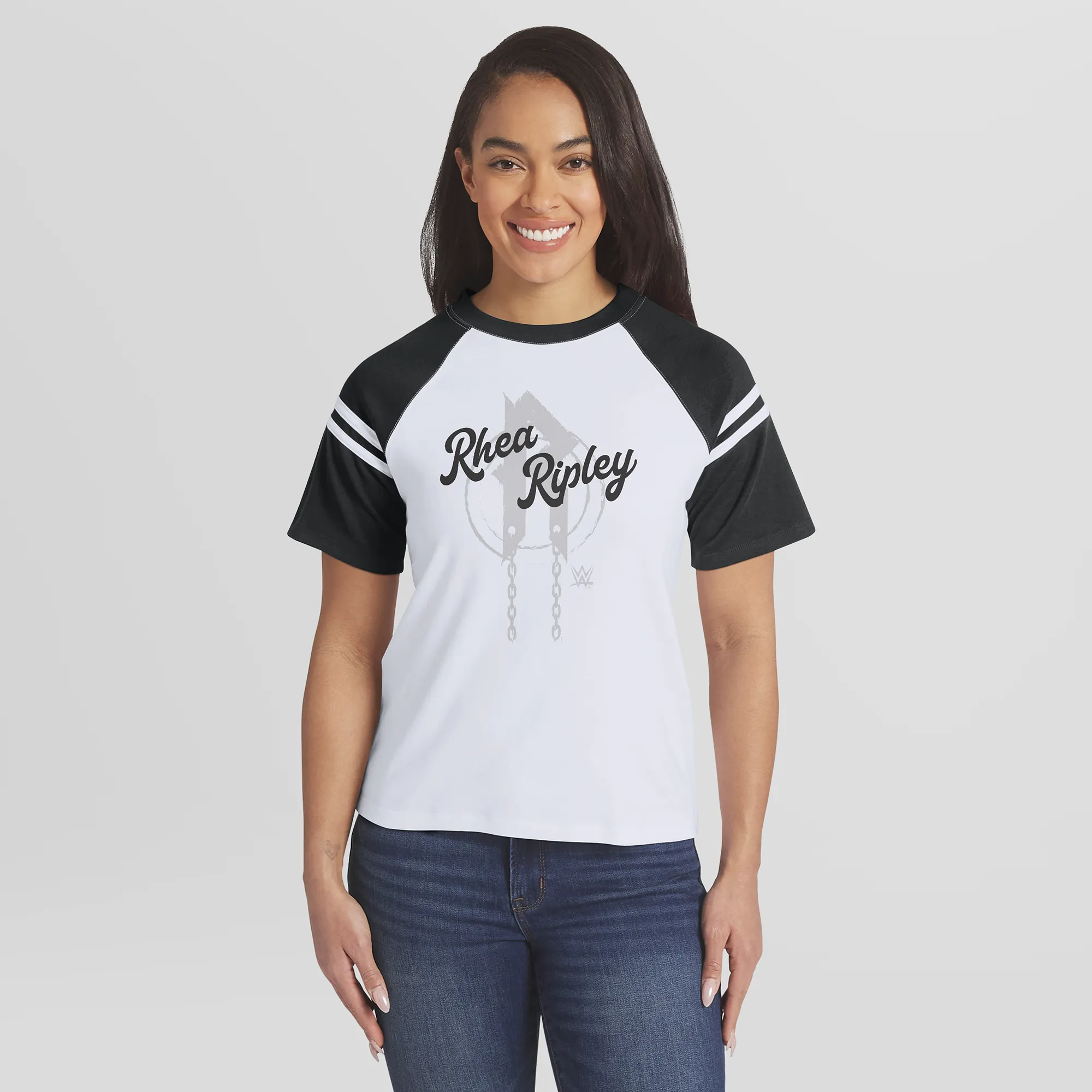 Women's WEAR by Erin Andrews White Rhea Ripley Striped Raglan T-Shirt sold by WWE