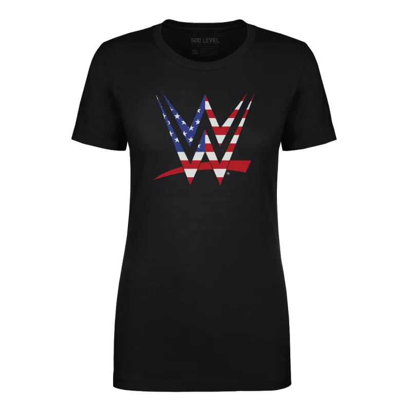 Women's 500 Level Black WWE Logo American Flag T-Shirt made by 500 Level