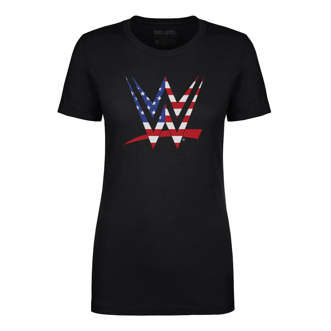 Women's 500 Level Black WWE Logo American Flag T-Shirt sold by WWE