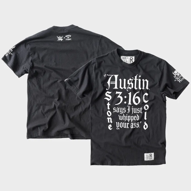 Men's Roots of Fight Black "Stone Cold" Steve Austin '96 Midweight T-Shirt made by WWE