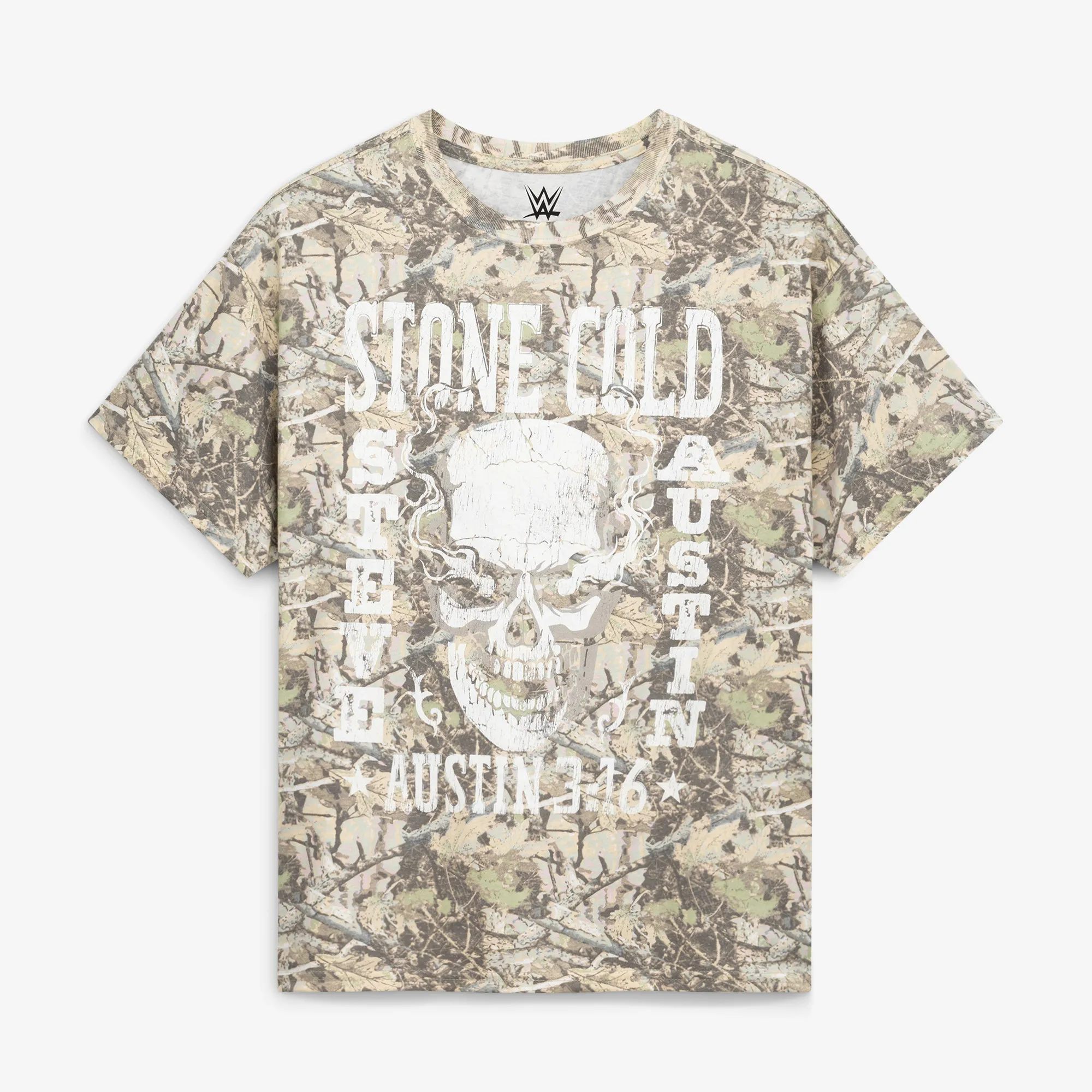 Men's Goodie Two Sleeves Camo "Stone Cold" Steve Austin Camp Skeleton Graphic T-Shirt sold by WWE