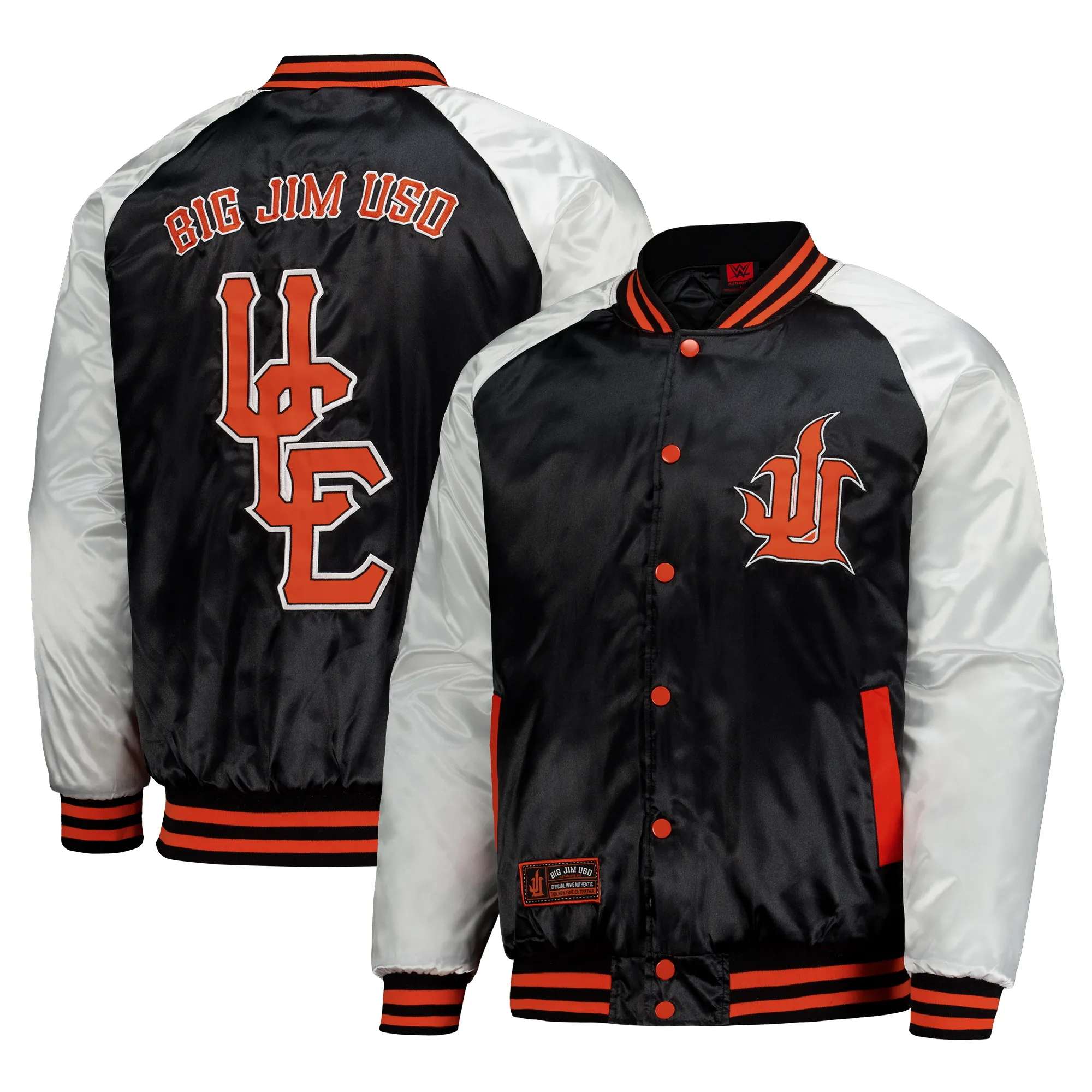 Men's Black/White Jimmy Uso Full-Snap Raglan Varsity Jacket sold by WWE