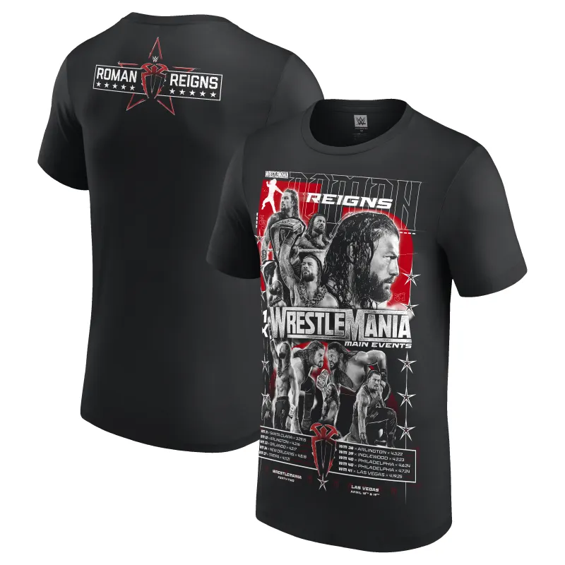 Men's Black Roman Reigns WrestleMania Moments T-Shirt made by WWE