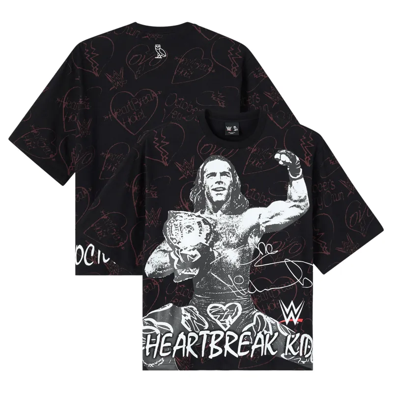 Men's OVO x WWE Black Shawn Michaels Allover Print Graphic T-Shirt made by OVO
