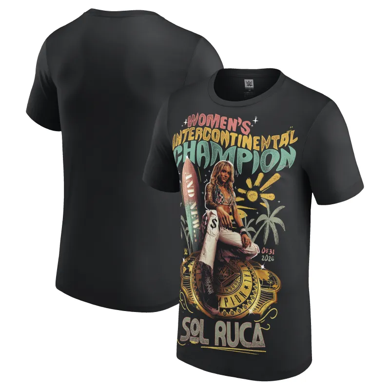 Men's Black Sol Ruca And New Intercontinental Champion Photo T-Shirt made by WWE