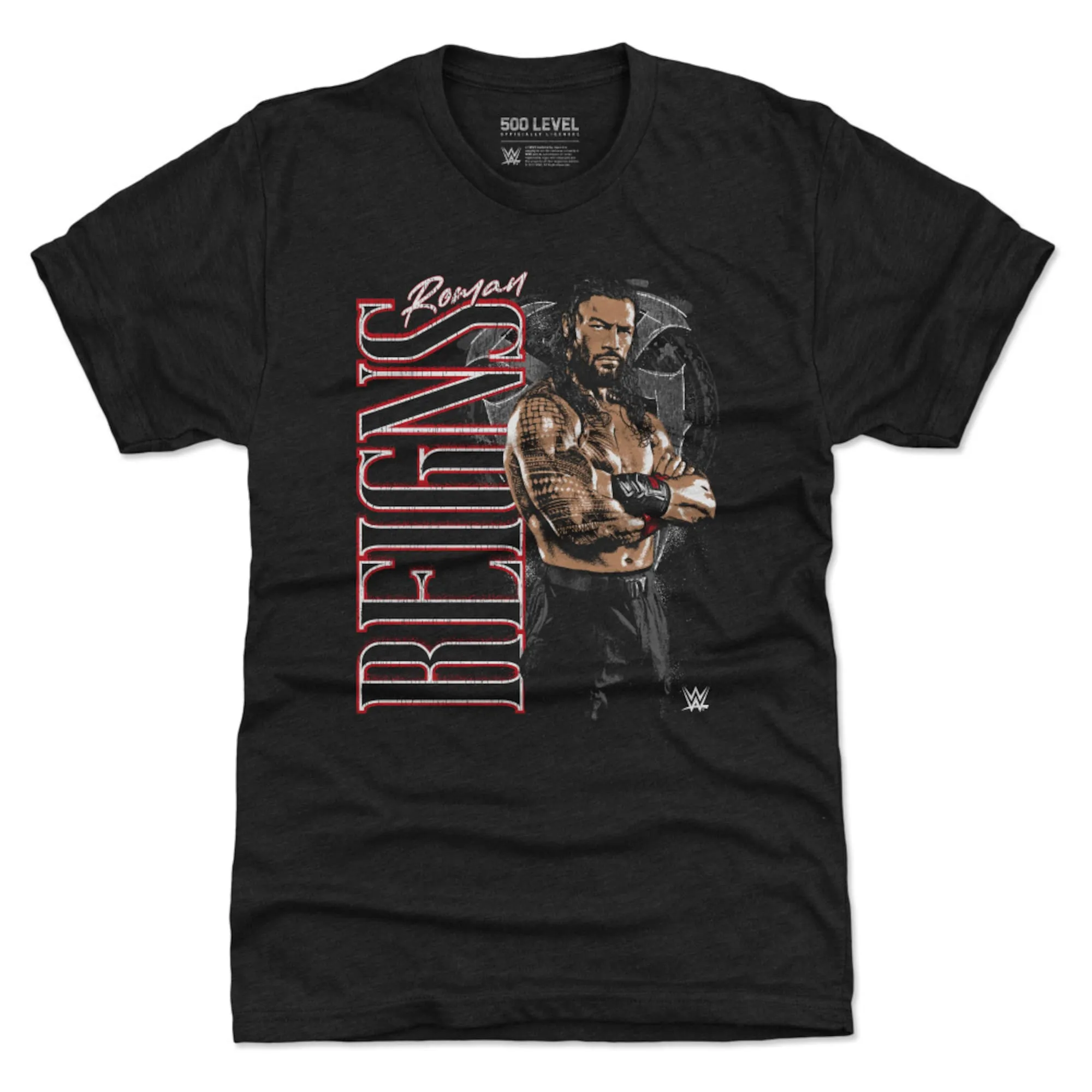 Men's 500 Level Black Roman Reigns Vertical Name Premium Tri-Blend T-Shirt sold by WWE