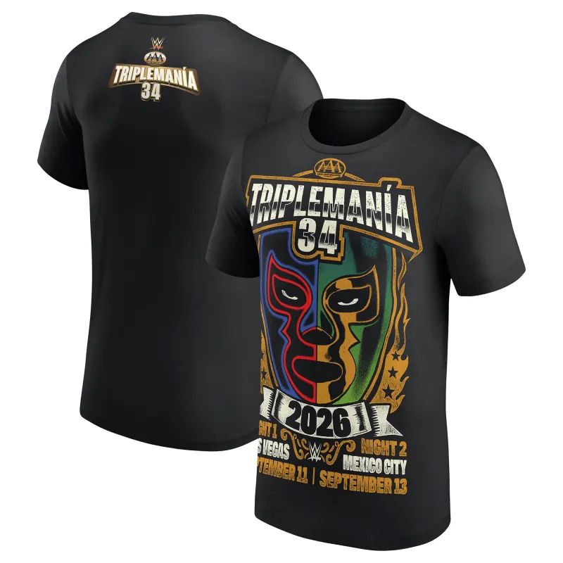 Men's Black AAA Triplemanía 34 Dual Lucha Mask T-Shirt made by WWE