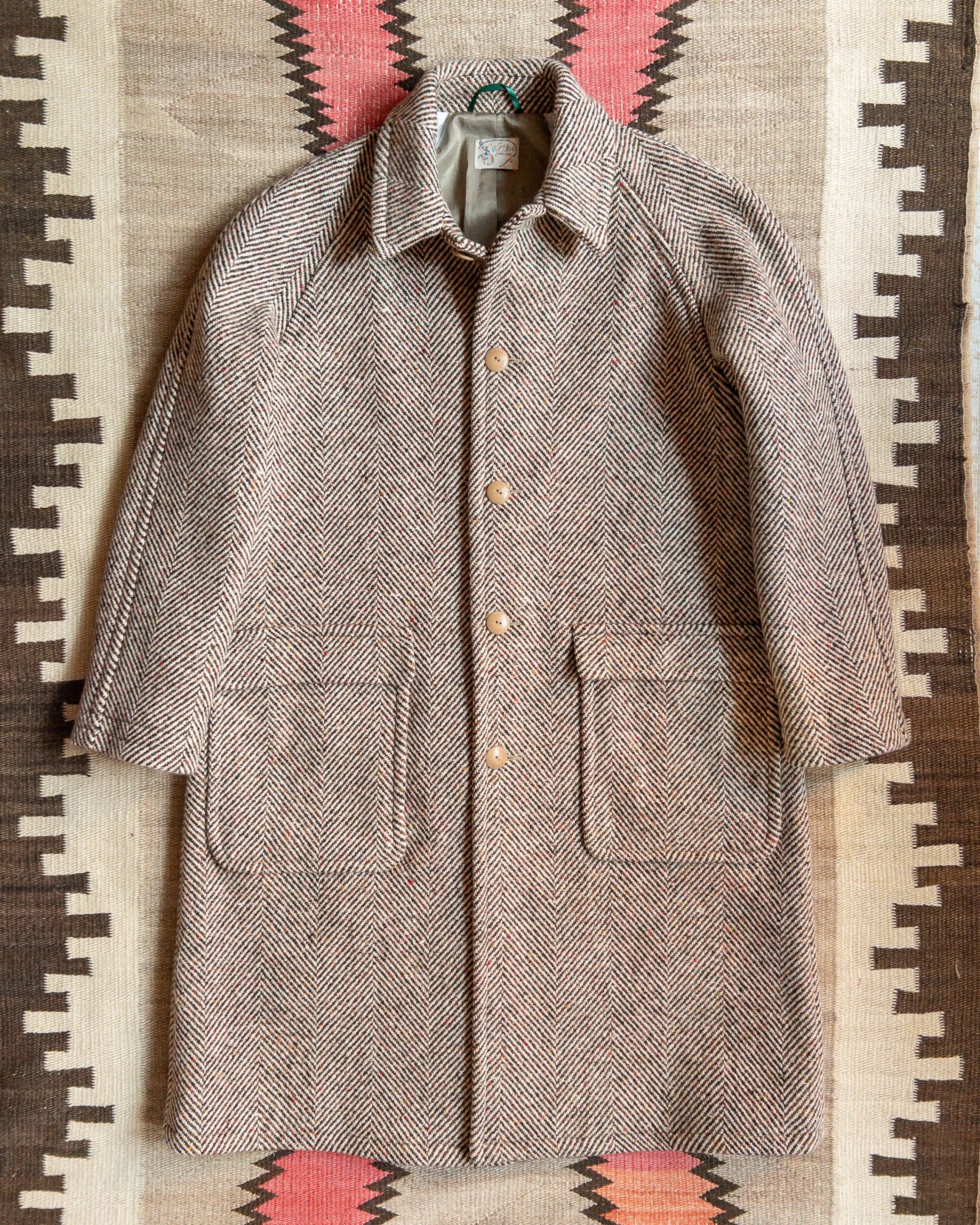 Raglan Wool Overcoat - Brown/Cream Donegal Herringbone sold by Wythe NY