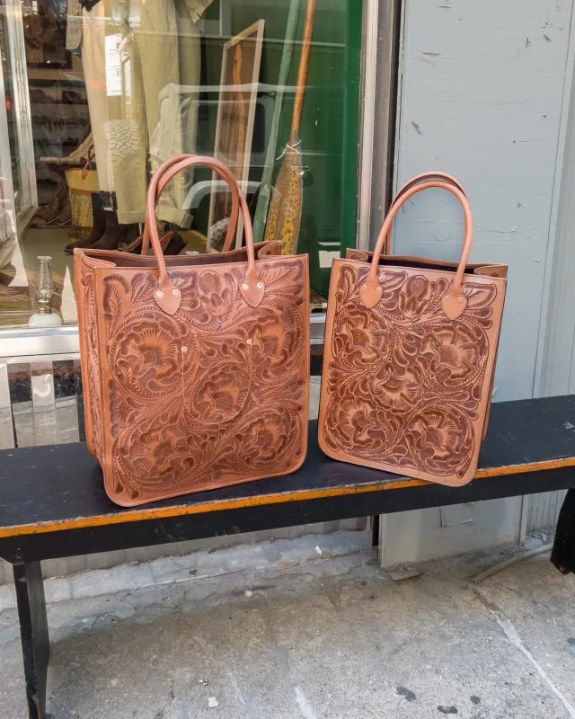 Cognac Western Tooled Leather Bag sold by Wythe NY