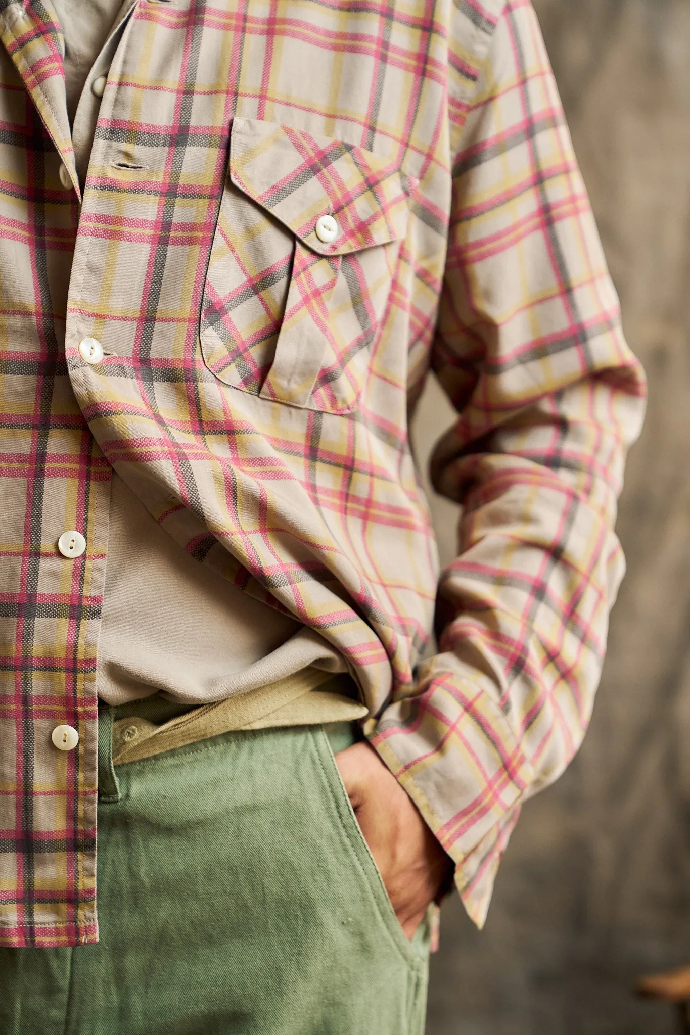 Printed Corral Plaid Tencel Patio Shirt - Nutmeg sold by Wythe NY product image thumbnail 3