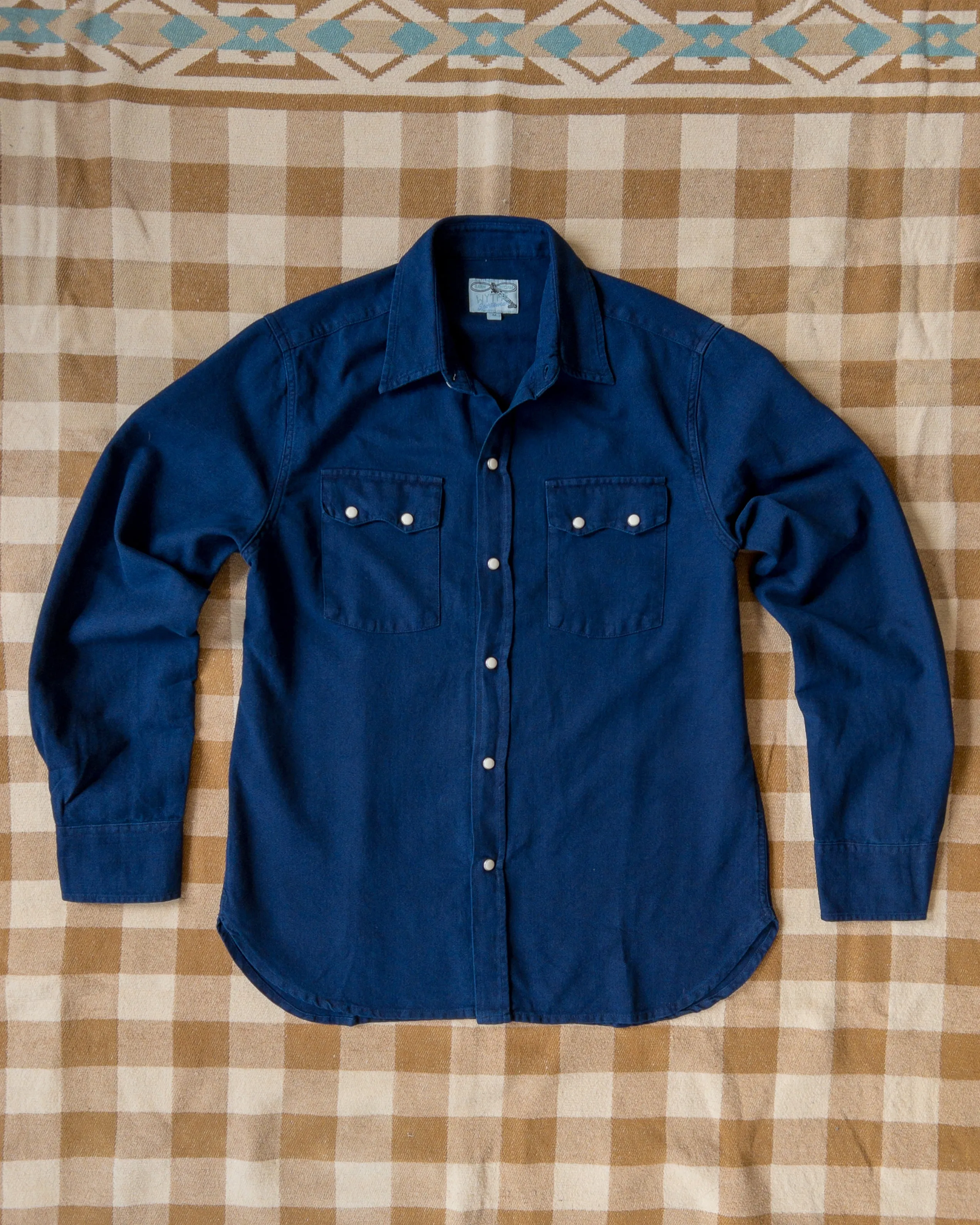 Indigo Yarn-Dyed Sateen Pearlsnap Shirt sold by Wythe NY