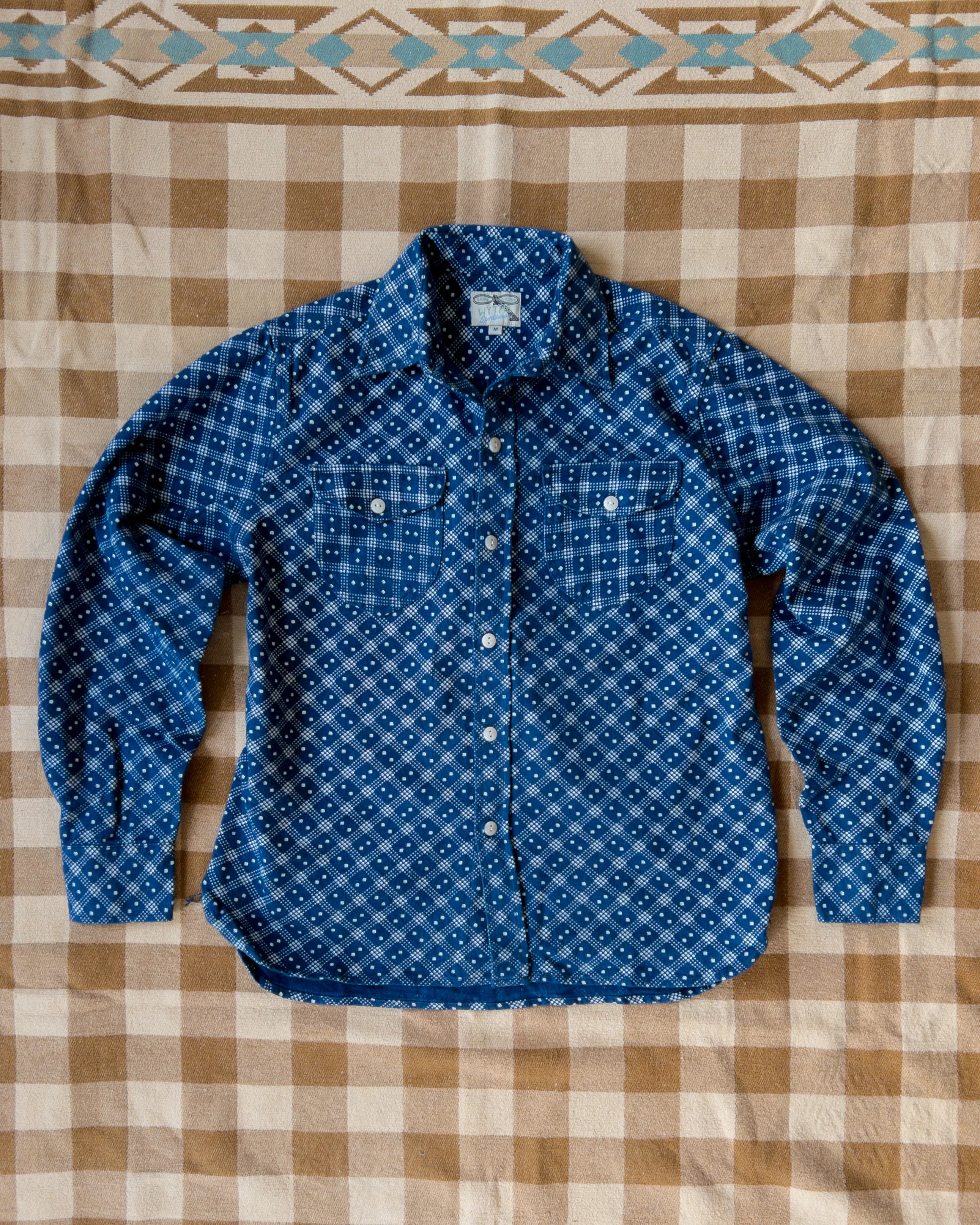 Indigo Discharge Diamond Flannel Workshirt sold by Wythe NY