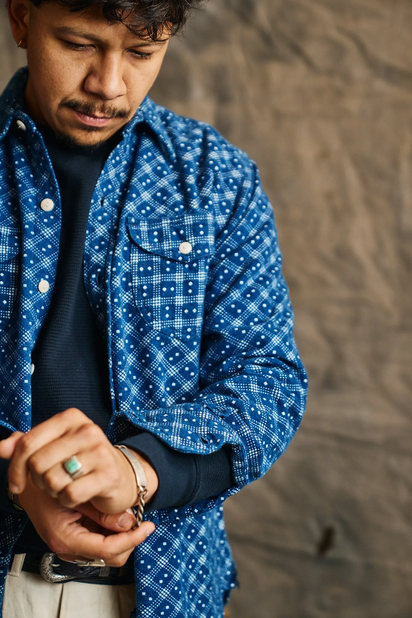 Indigo Discharge Diamond Flannel Workshirt sold by Wythe NY product image thumbnail 3