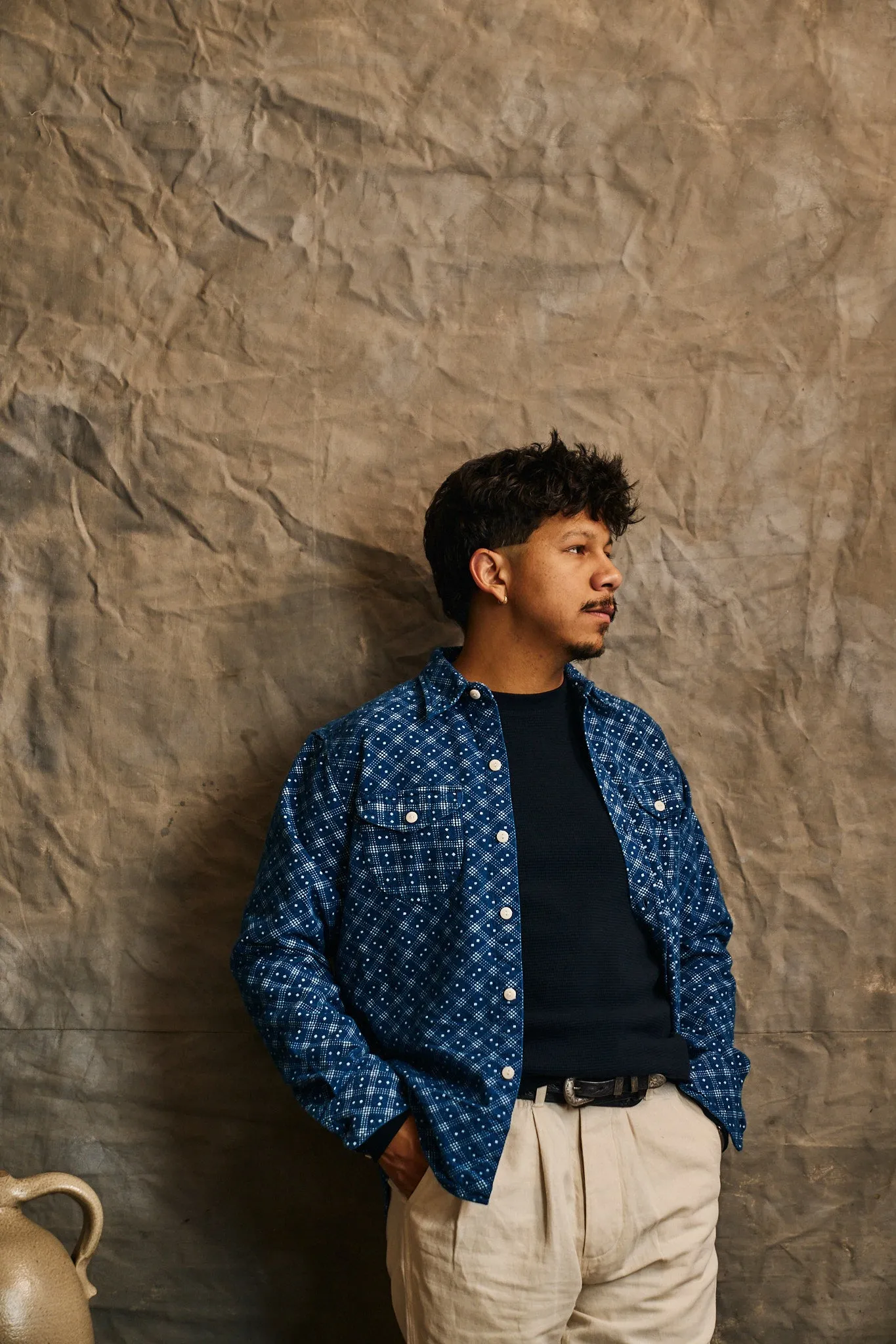 Indigo Discharge Diamond Flannel Workshirt sold by Wythe NY product image thumbnail 4