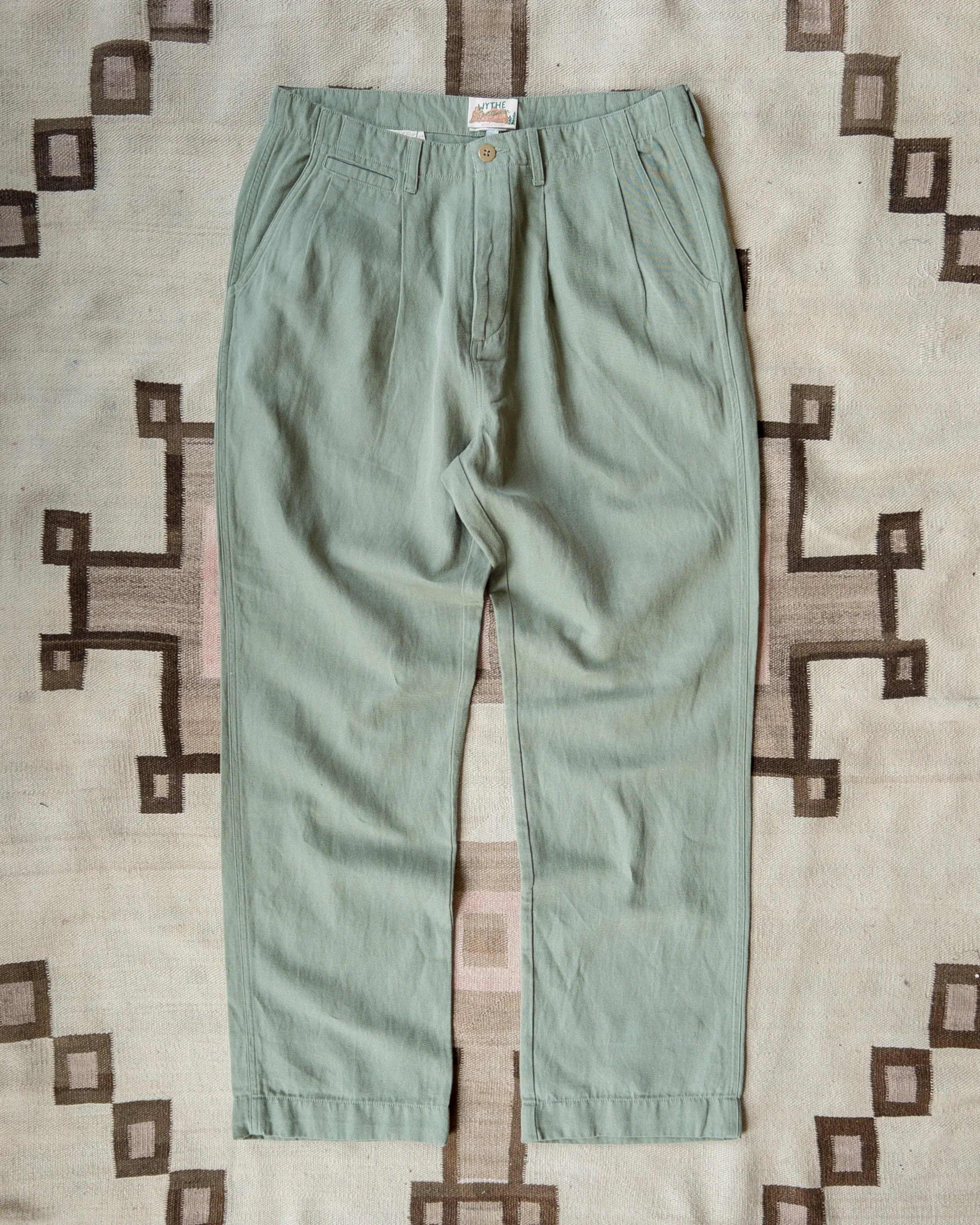 Pleated Cotton Linen Twill Chino - Faded Olive sold by Wythe NY