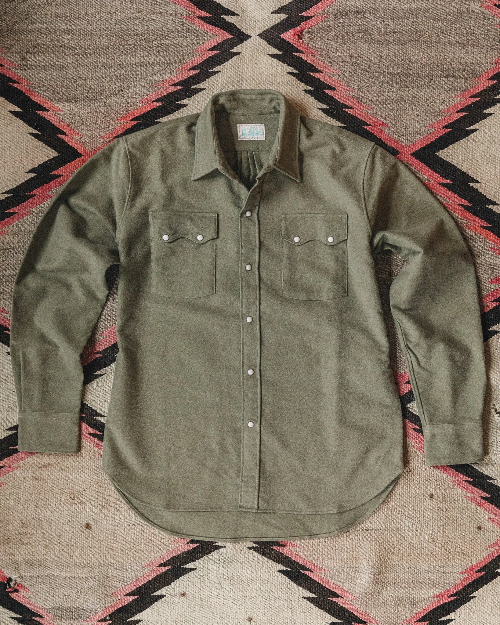 Moleskin Pearlsnap Shirt - Olive sold by Wythe NY