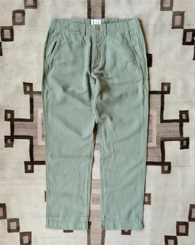 Flat Front Cotton Linen Twill Chino - Faded Olive sold by Wythe NY