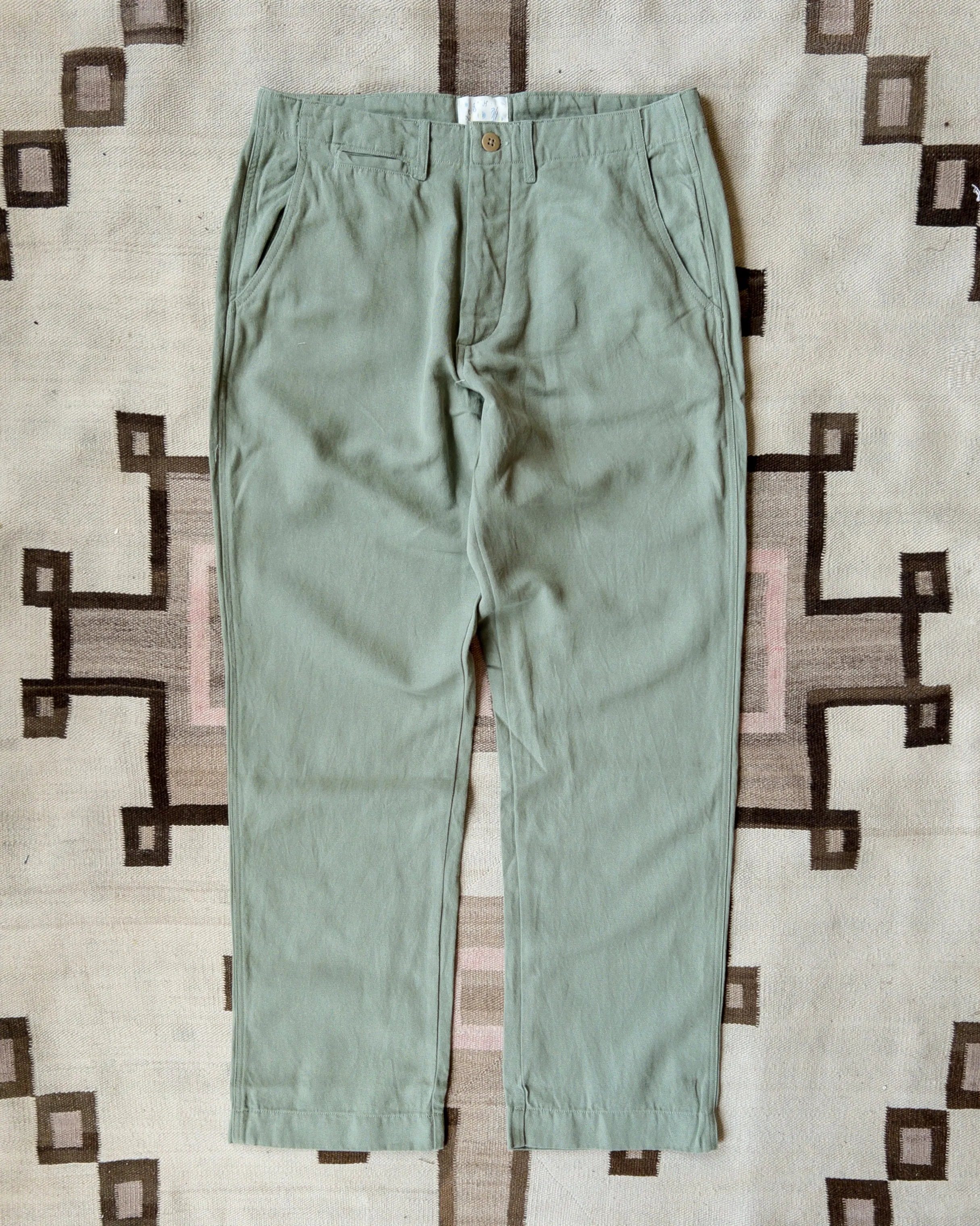 Flat Front Cotton Linen Twill Chino - Faded Olive sold by Wythe NY