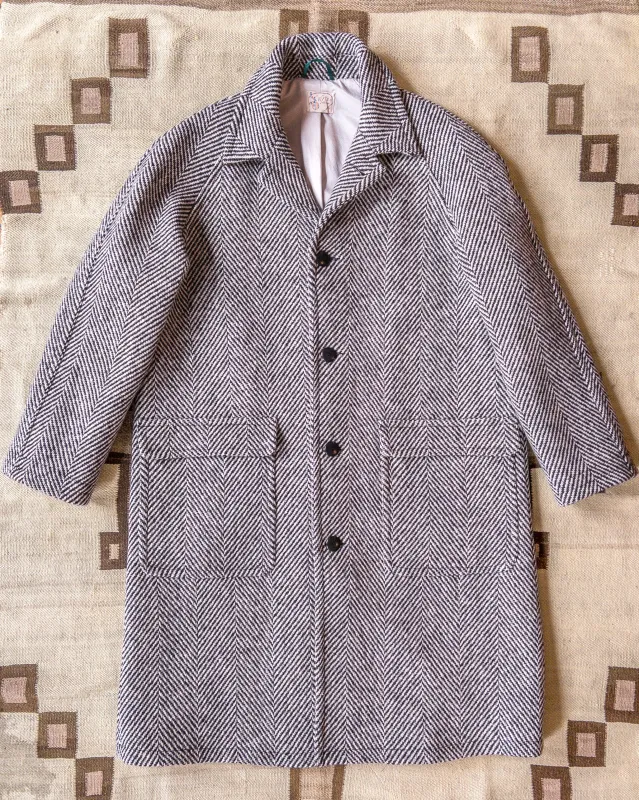 Raglan Wool Overcoat - Black/Cream Herringbone Tweed sold by Wythe NY