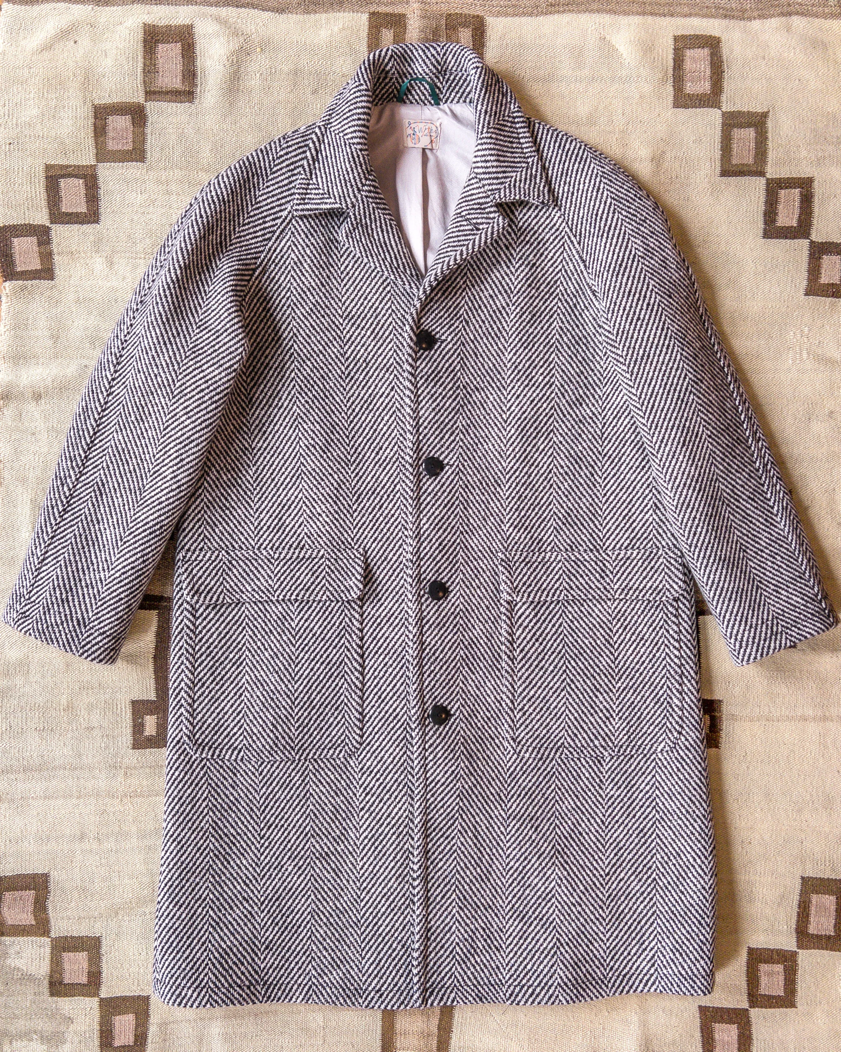 Raglan Wool Overcoat - Black/Cream Herringbone Tweed sold by Wythe NY