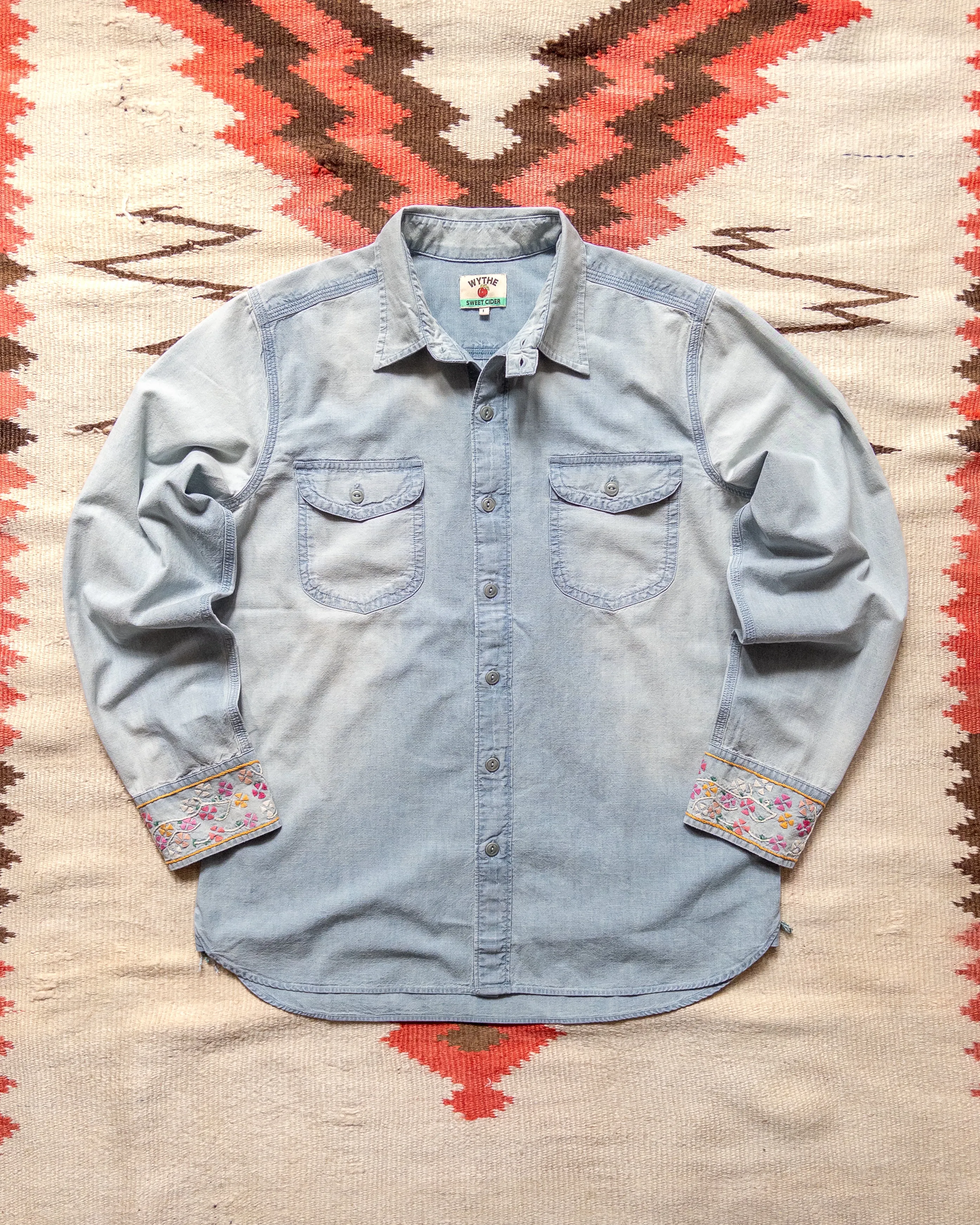 Embroidered Chambray Workshirt - Distressed and Sunfaded Indigo sold by Wythe NY