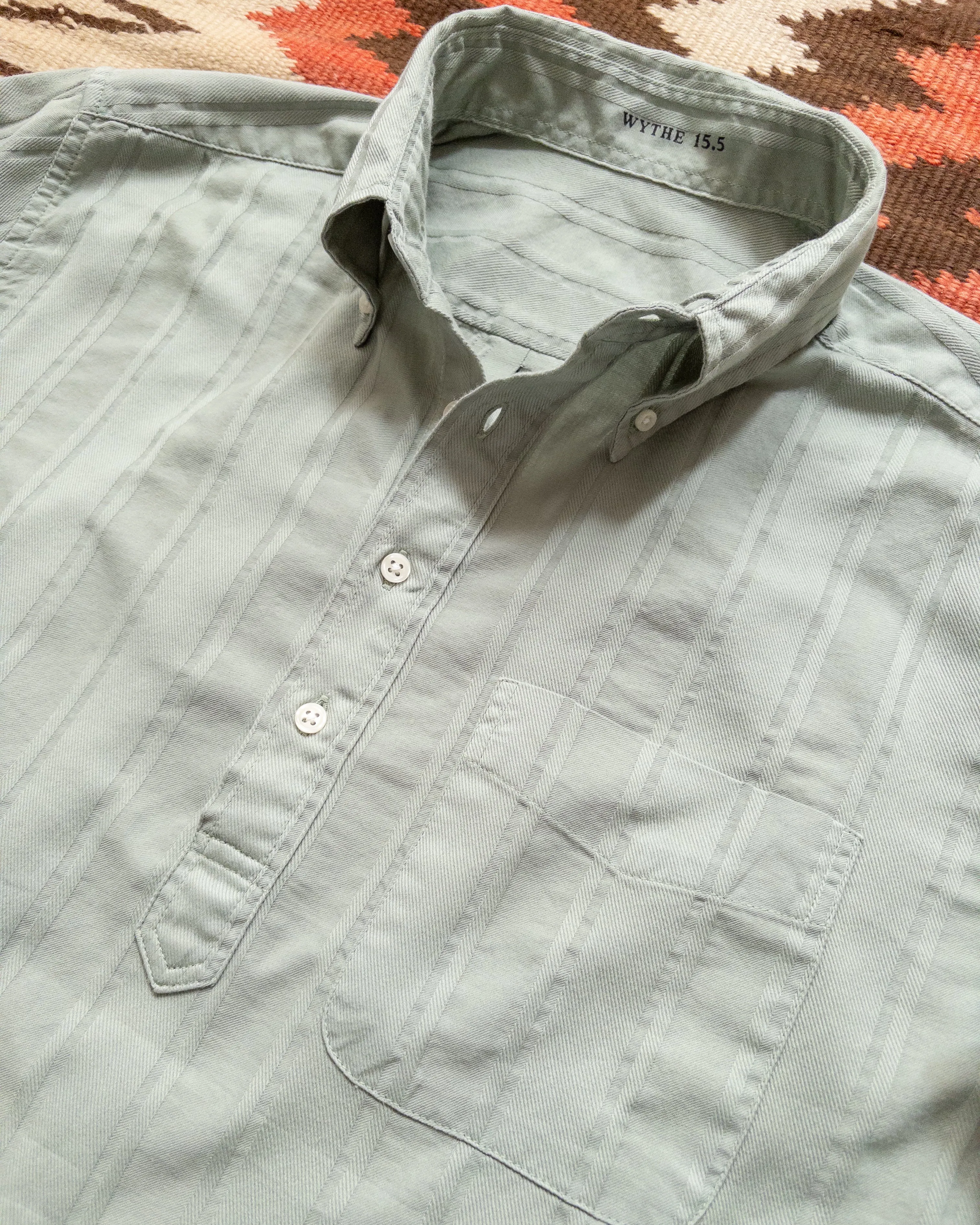 French Hickory Stripe Popover Button Down - Sage sold by Wythe NY product image thumbnail 2