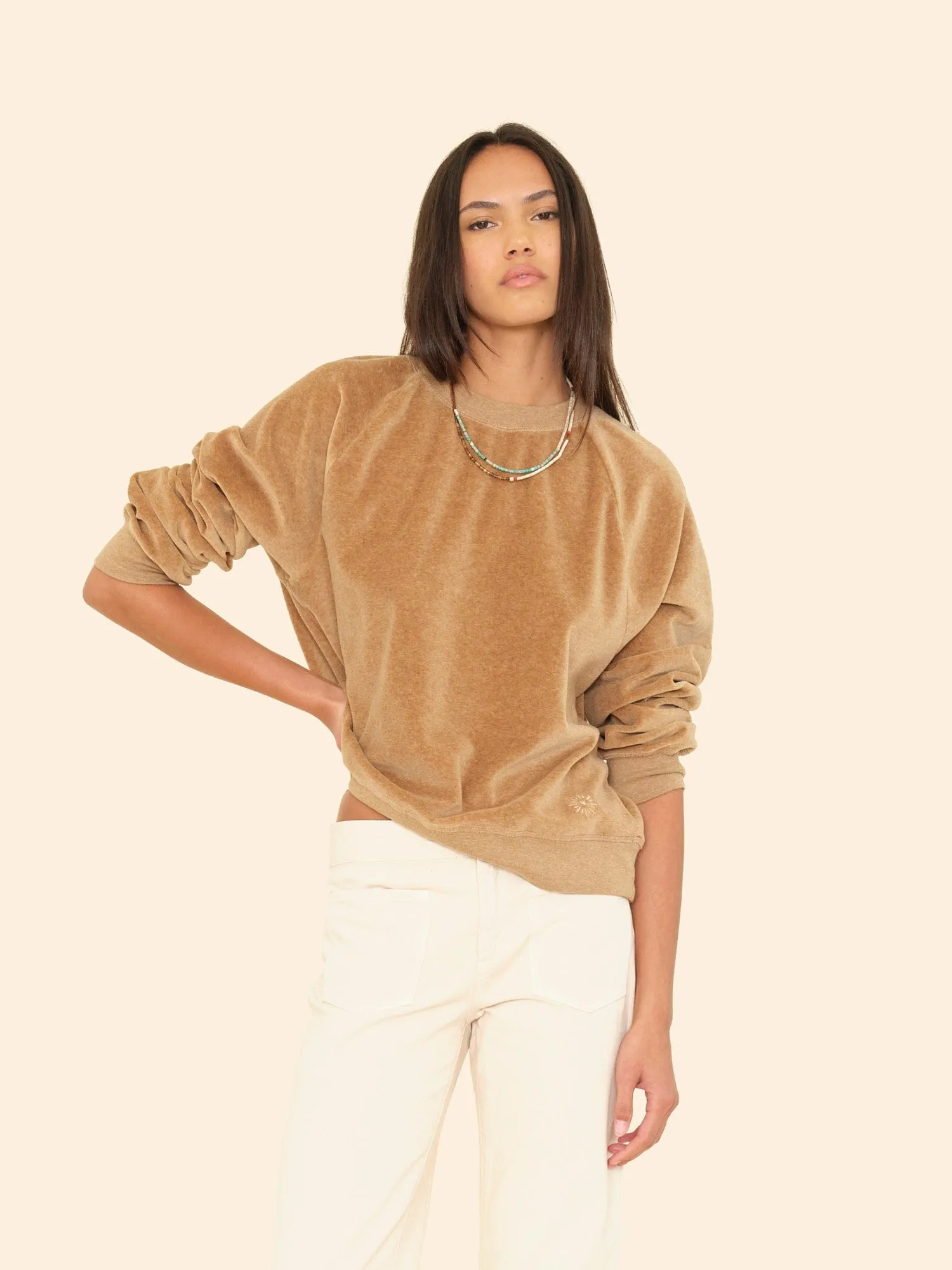 Heather Camel Pierre Velour Sweatshirt sold by XiRENA