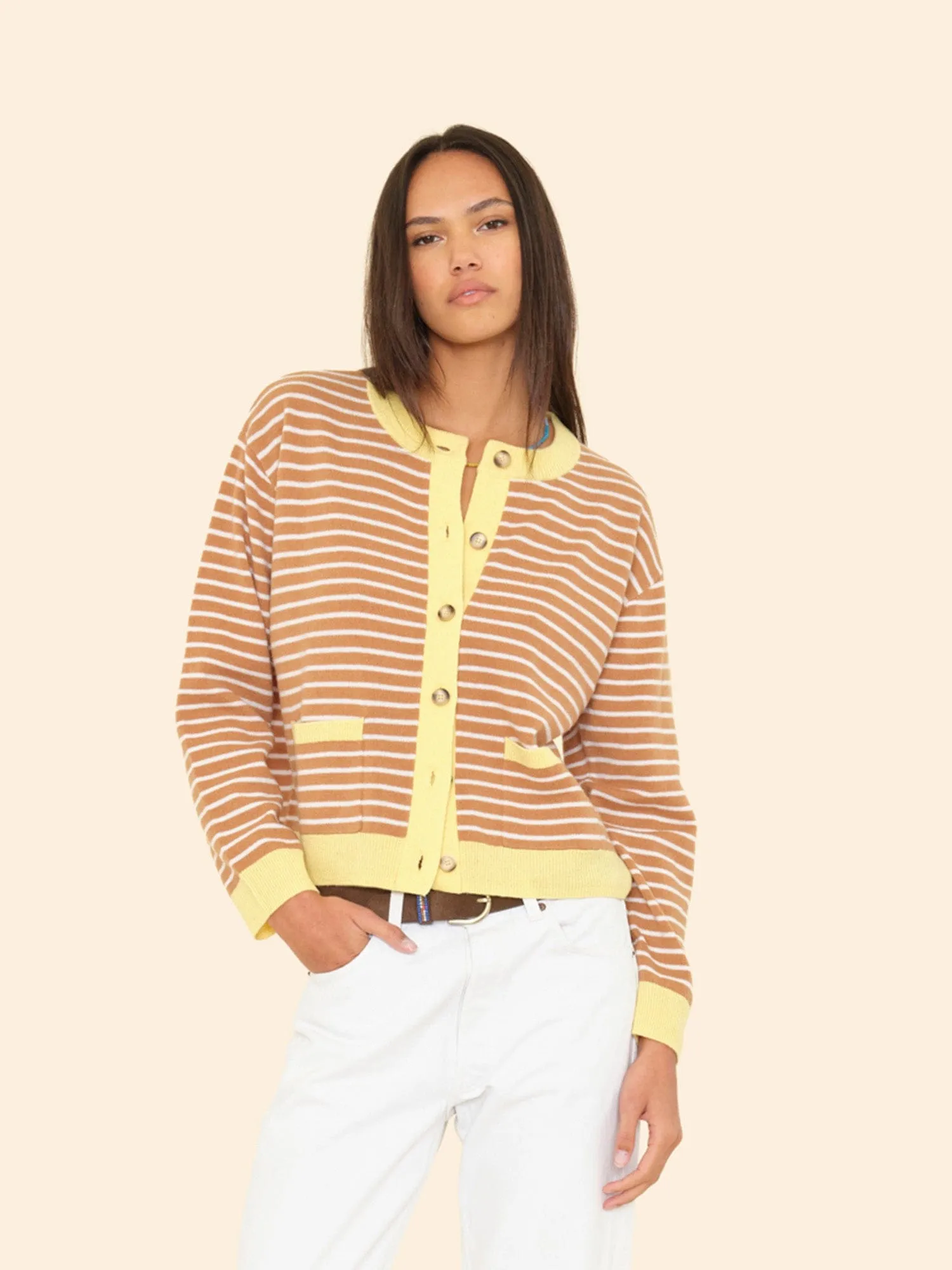 Camel Stripe Lillian Cardigan sold by XiRENA