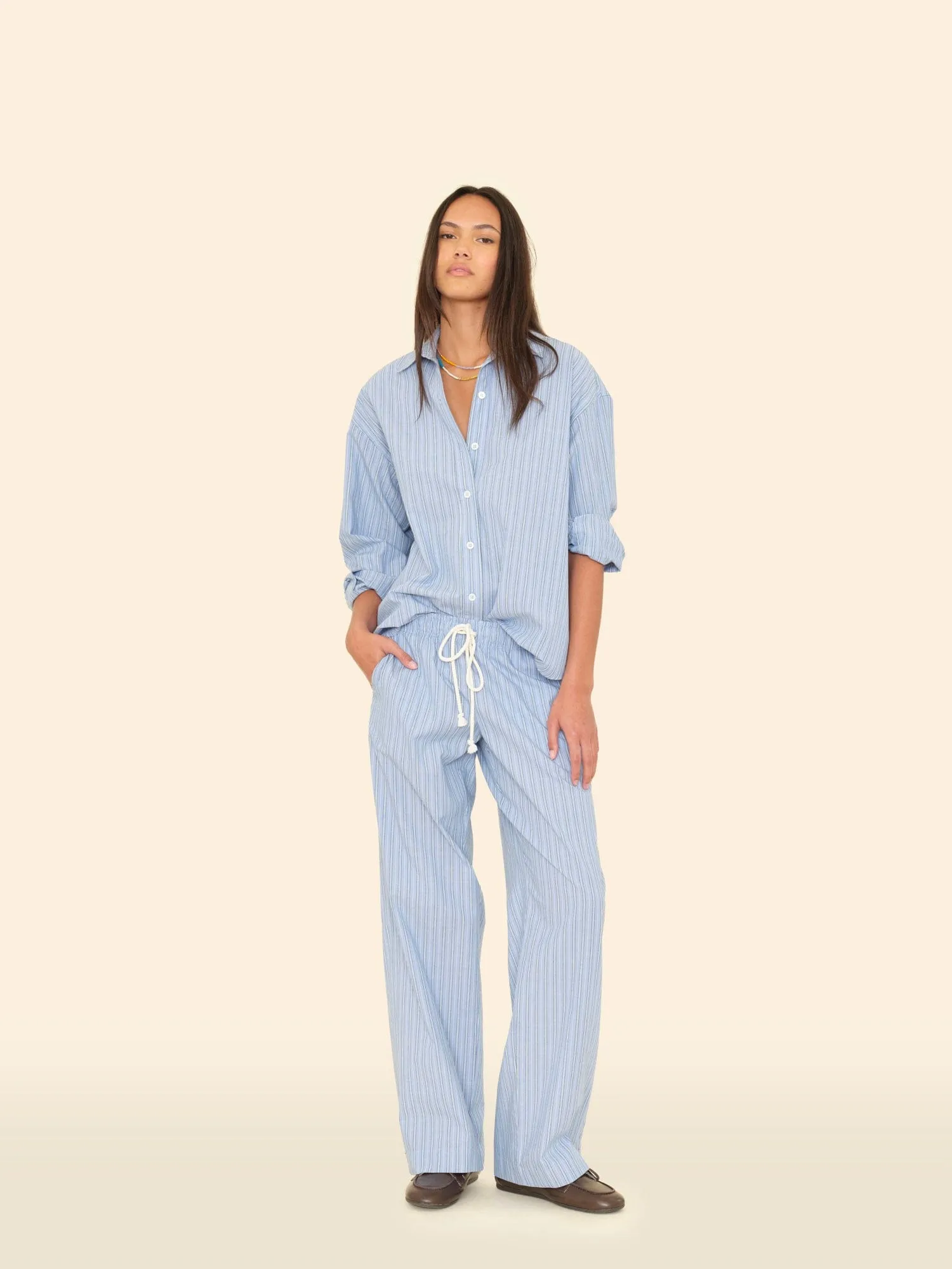 Chambray Teal Stripe Brinna Pant sold by XiRENA