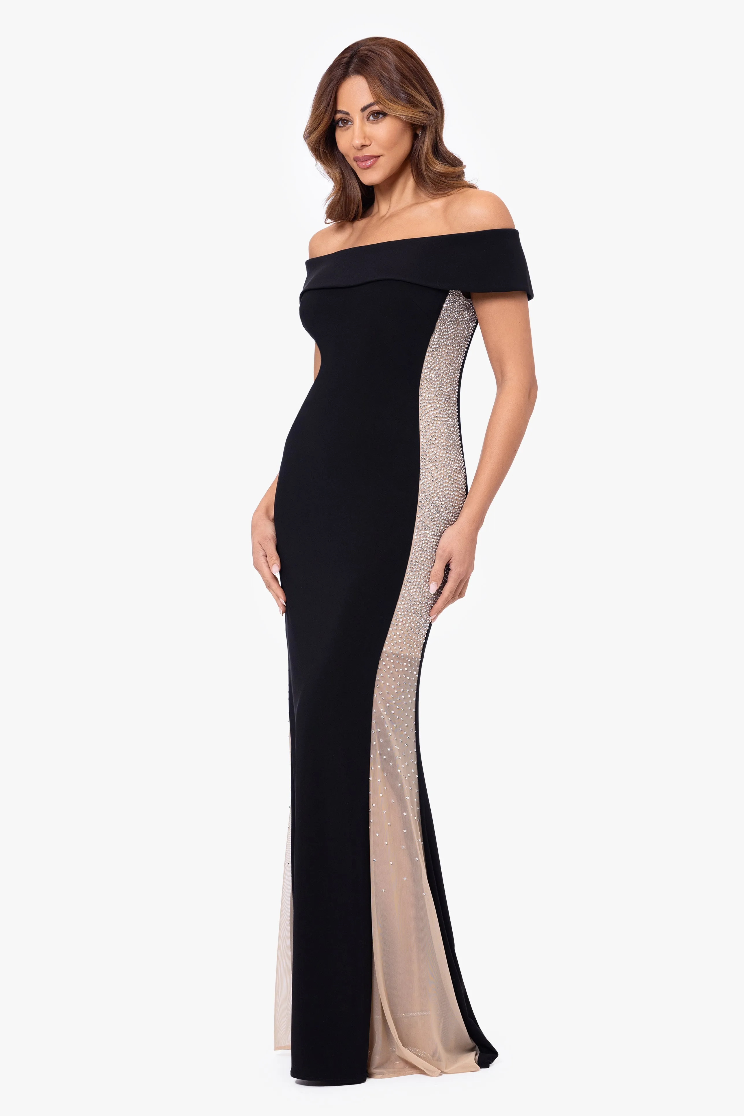 "Brianna" Off the Shoulder Jersey Knit Caviar Beaded Gown sold by Xscape product image thumbnail 3
