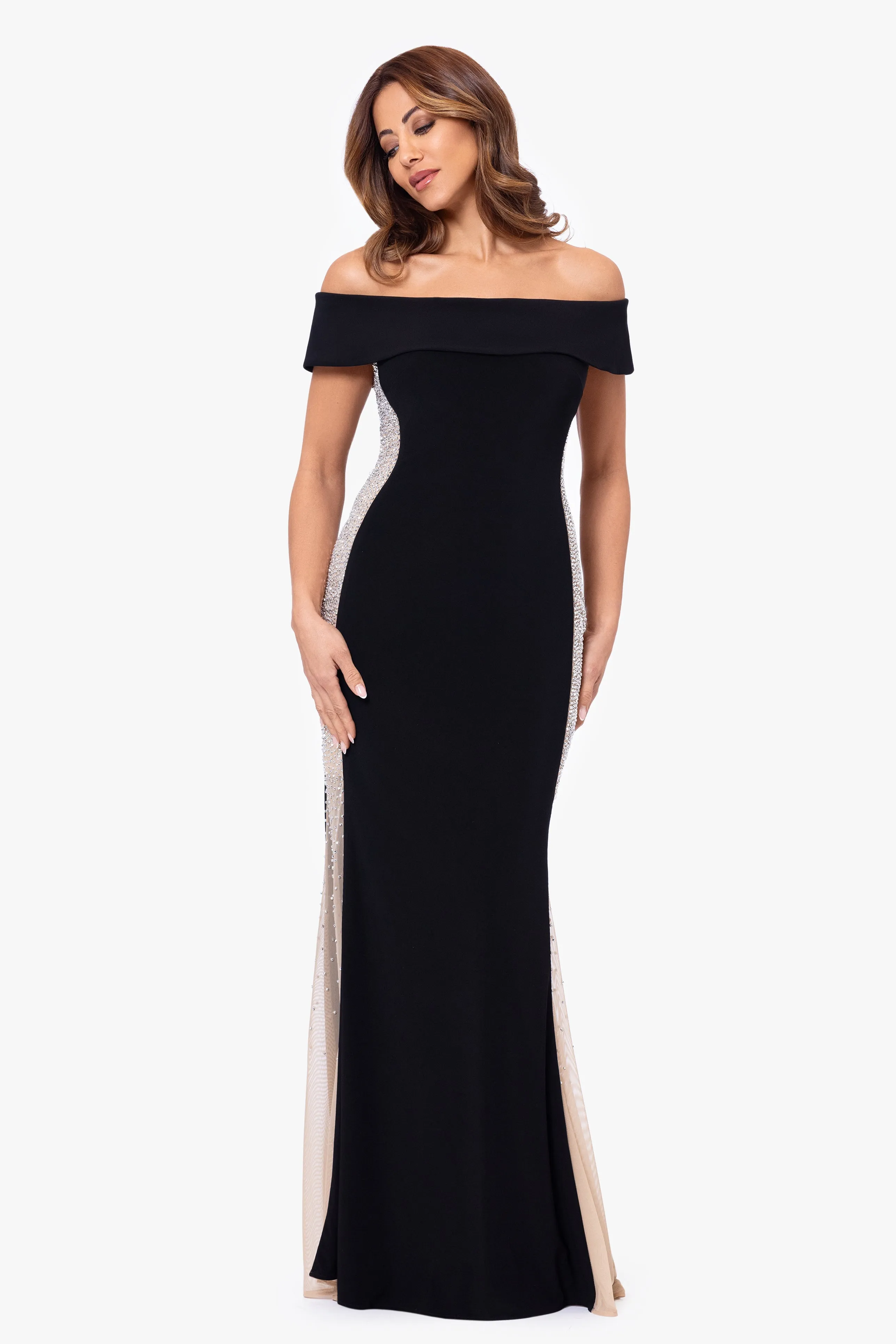 "Brianna" Off the Shoulder Jersey Knit Caviar Beaded Gown sold by Xscape