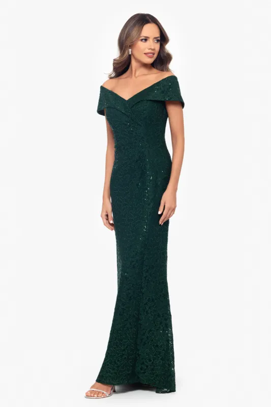 "Stefani" Long Sequin Lace Off the Shoulder Dress sold by Xscape