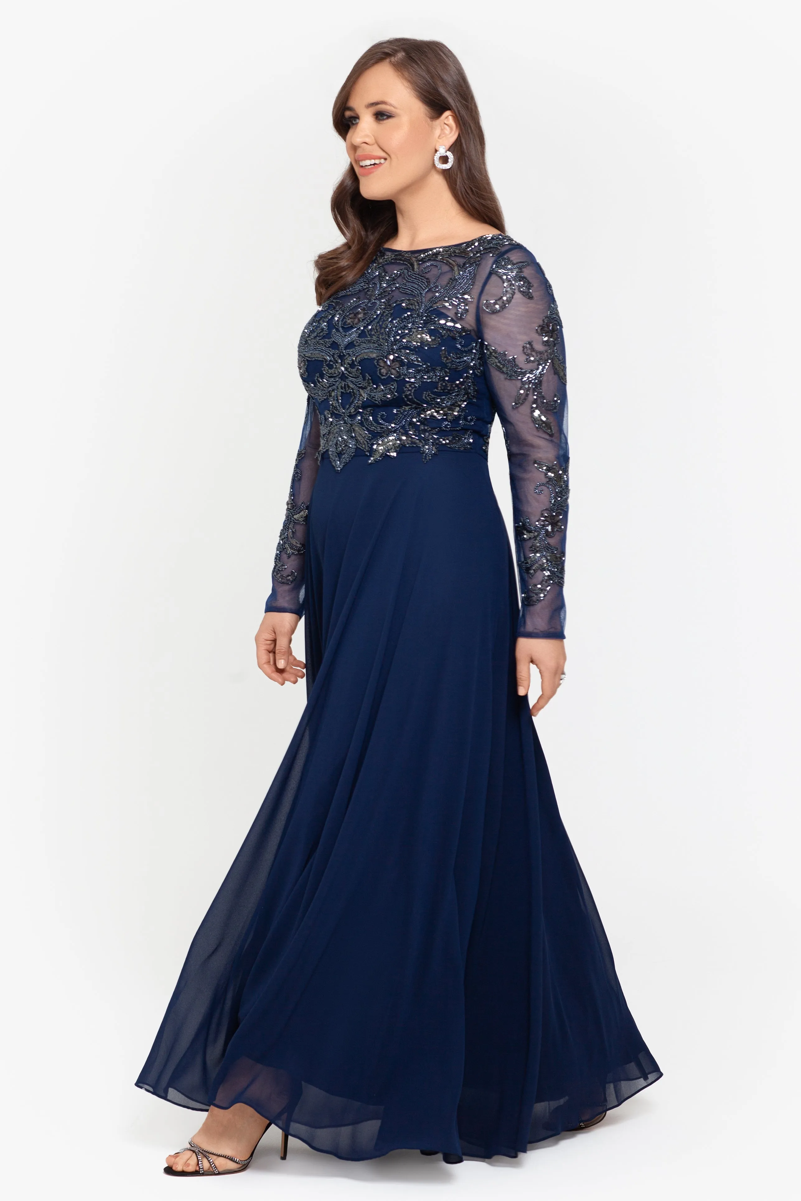 Plus "Mason" Long Sleeve Beaded Chiffon Gown sold by Xscape product image thumbnail 4