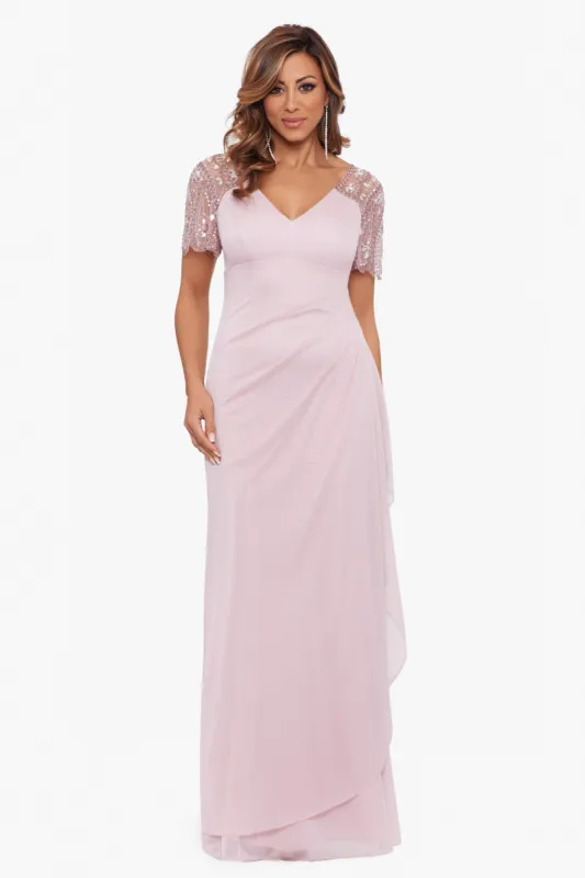 "Lana" Long V-Neck Beaded Flutter Sleeve Dress sold by Xscape