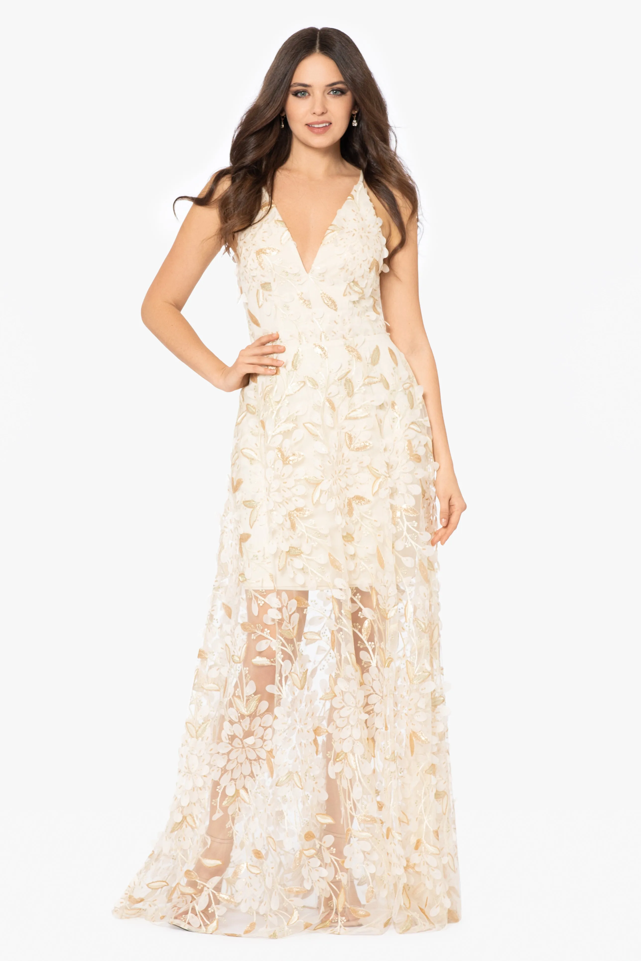 "Maria" Long V-Neck 3D Applique Gown sold by Xscape product image thumbnail 3