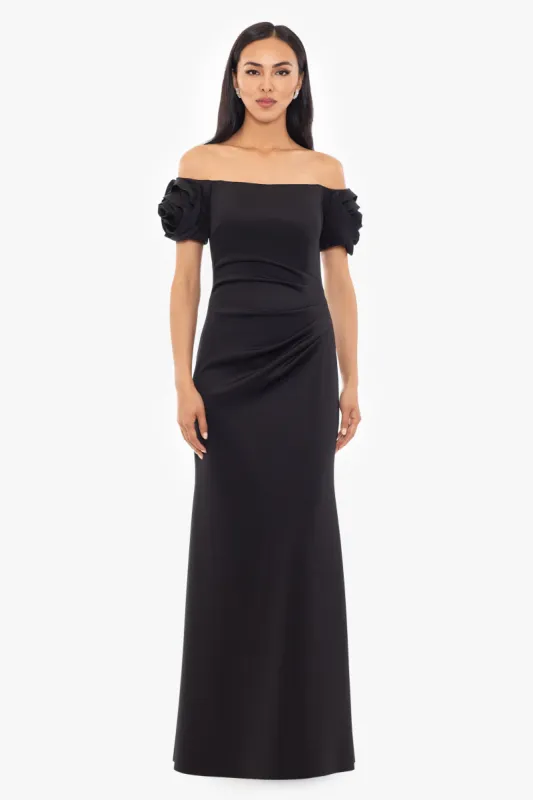 "Phoebe" Long Off the Shoulder Techno Scuba Ruffle Sleeve Dress sold by Xscape