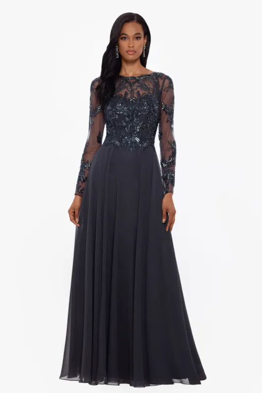 "Mason" Long Sleeve Beaded Chiffon Gown sold by Xscape