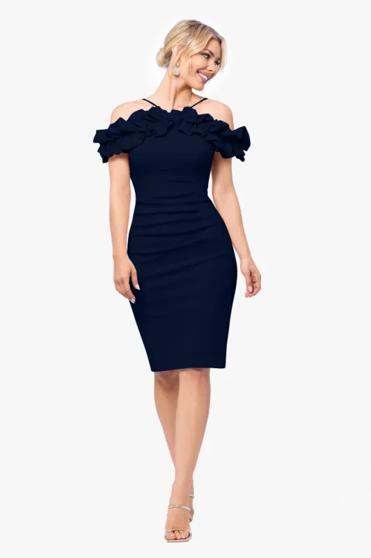 "Tyler" Short Scuba Crepe Off the Shoulder Ruffle Dress sold by Xscape