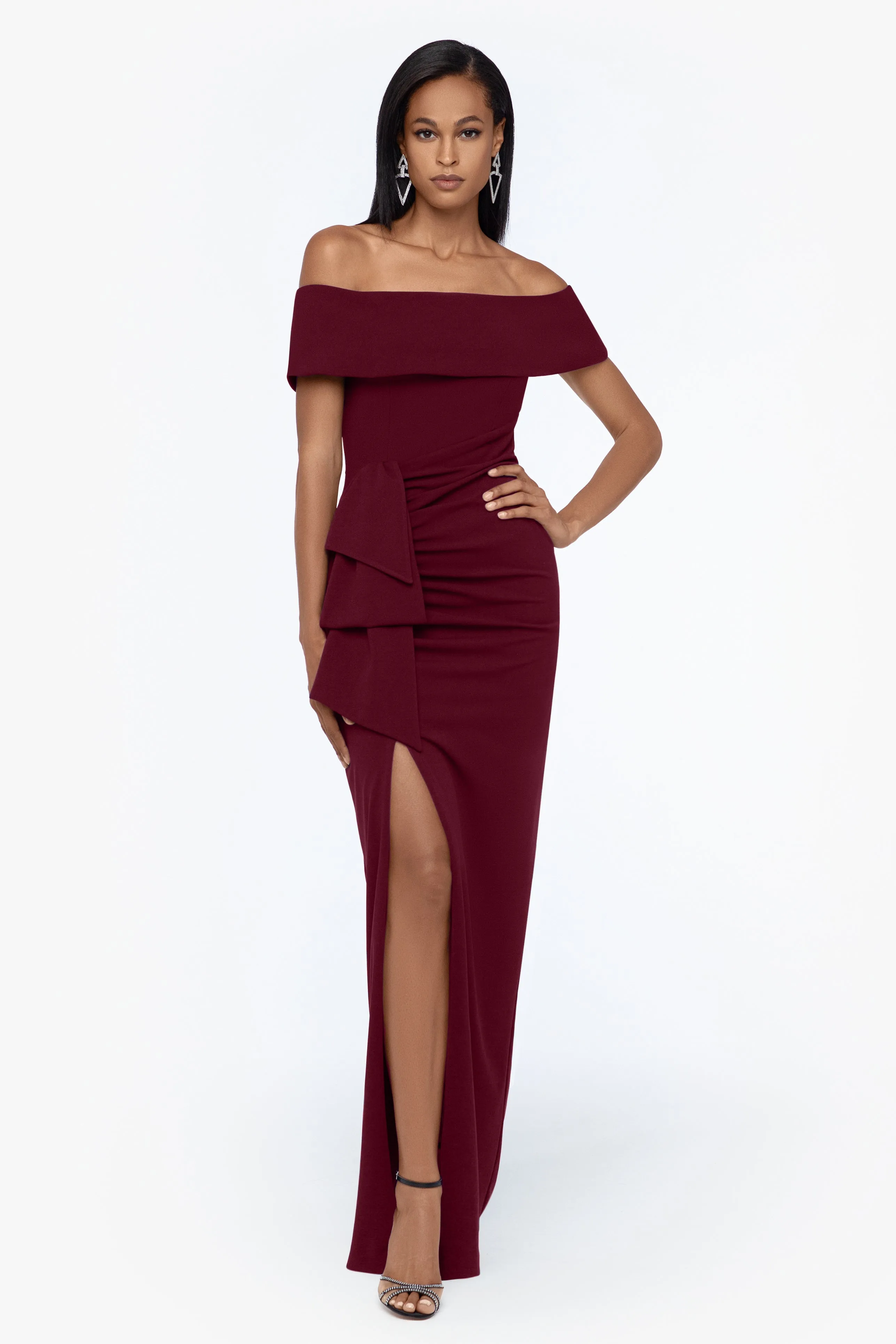 "Camila" Long Off the Shoulder Scuba Crepe Dress sold by Xscape